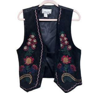 Erez Levy Embroidered Button Front Suede Leather Vest Black Women Medium Western